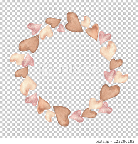 Saint Valentines wreath template with watercolor neutral mocha mousse, brown and beige hearts for romantic greeting card, product packing, invitation design. Lovers poster decor 122296192