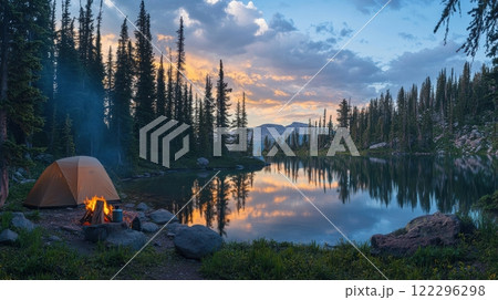 Tranquil camping scene with tent and campfire by a reflective lake at sunset 122296298