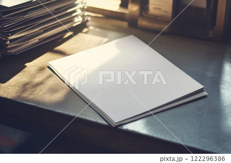 Stack of blank white papers on a wooden desk in sunlight reflecting ambient light 122296386