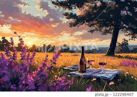 Sunset picnic with wine and flowers in a scenic meadow during warm summer evening. 122296407