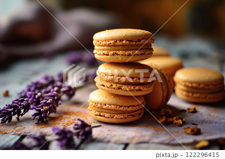 Delicate yellow macarons arranged with lavender on a rustic table. 122296415