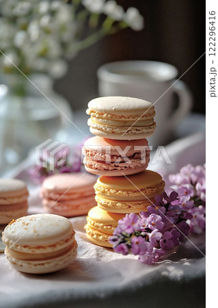 Colorful macarons arranged on a table with fresh flowers and a cup in a cozy kitchen setting during daylight. 122296416