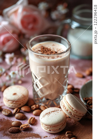 Delicate dessert arrangement with creamy beverage, macarons, and rose accents on a softly colored table. 122296418