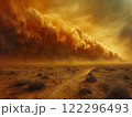 Dust storm approaches desert landscape under ominous skies. Generative AI 122296493