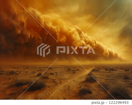 Dust storm approaches desert landscape under ominous skies. Generative AI 122296493