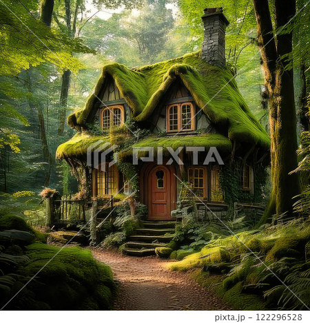 A whimsical fairytale cottage nestled in a lush garden, featuring traditional architecture with a moss-covered roof and charming, irregular stone walls. The cottage is surrounded by blooming flowers A whimsical fairytale cottage nestled in a lush garden, featuring traditional architecture with a moss-covered roof and charming, irregular stone walls. The cottage is surrounded by blooming flowers 122296528