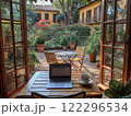 Work space with a view of a beautiful garden setting. Generative AI 122296534