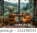 Cozy workspace with view of mountain landscape in a cabin. Generative AI 122296535
