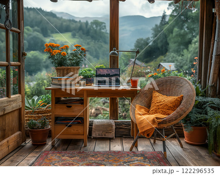 Cozy workspace with view of mountain landscape in a cabin. Generative AI Cozy workspace with view of mountain landscape in a cabin. Generative AI 122296535