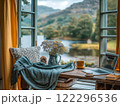 Cozy workspace by the lake with mountain views in daylight. Generative AI 122296536