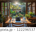 Work space with a view of a beautiful garden setting. Generative AI 122296537