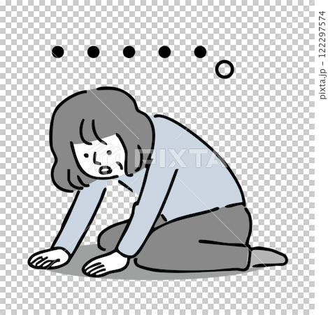 座り込んで落ち込む年配の女性：イラスト素材 122297574