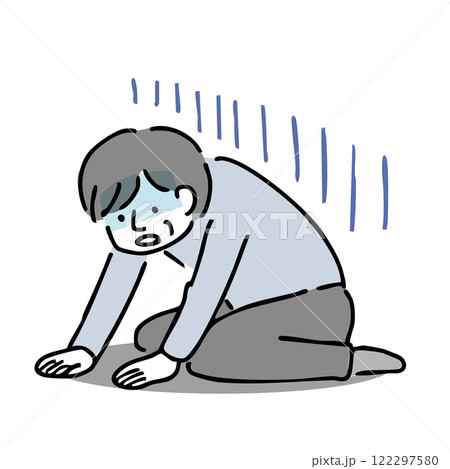 座り込んで落ち込む年配の男性：イラスト素材 122297580