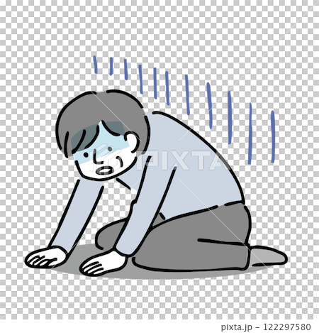 座り込んで落ち込む年配の男性：イラスト素材 122297580