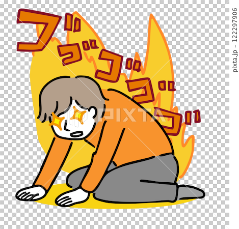 A man sitting down with his eyes shining and a roaring flame A man sitting down with his eyes shining and a roaring flame 122297906