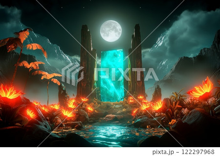 Enchanting landscape with glowing plants and a mystical portal under a full moon at night 122297968