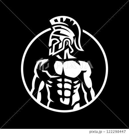 Spartan warrior in a helmet on a dark background. Spartan warrior in a helmet on a dark background. 122298447