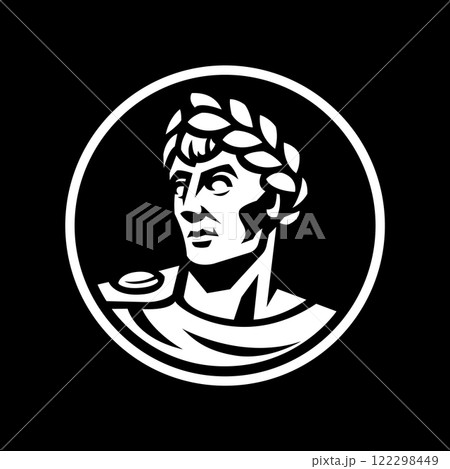 Roman commander with a wreath on his head on a dark background. 122298449