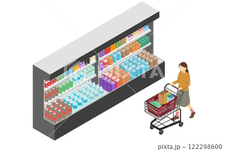 アイソメトリックイラスト：飲料コーナーとショッピングカートを押す女性 122298600