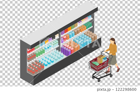 等距插圖:飲料角和推購物車的婦女 等距插圖:飲料角和推購物車的婦女 122298600