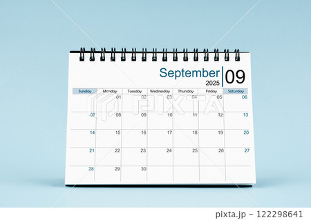 September 2025 Monthly desk calendar for 2025 year on soft blue background. 122298641