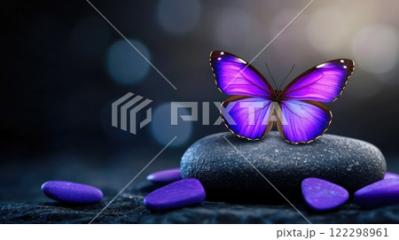 Beautiful Violet Butterfly on a Black Rock Beautiful Violet Butterfly on a Black Rock 122298961
