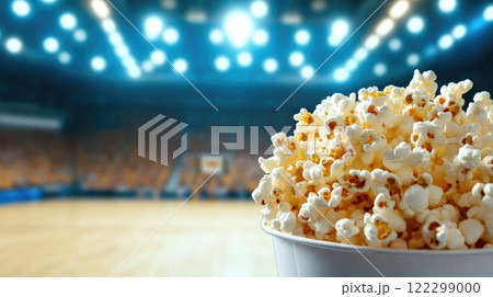 Popcorn Bucket in Front of Bright Basketball Court 122299000