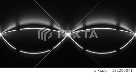 Abstract Curved Light Lines on Black Background 360 vr 3d render panorama 122299071