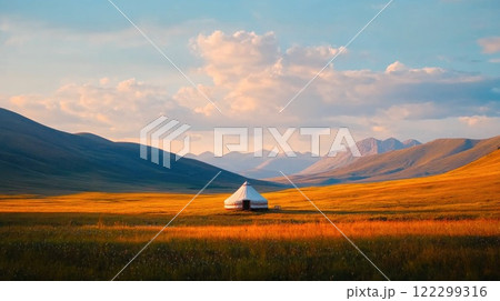 Mongolian yurts in remote wilderness setting 122299316