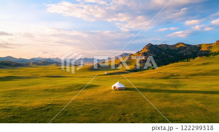 Yurt village in Mongolia's sweeping steppe Yurt village in Mongolia's sweeping steppe 122299318