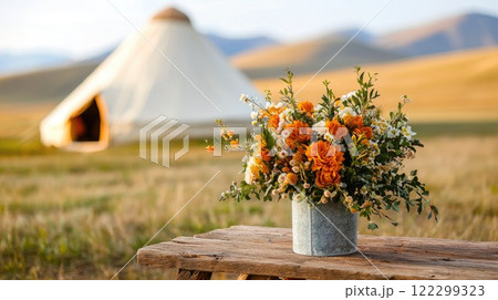 Traditional Mongolian yurts amidst open terrain 122299323