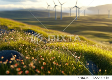 Green Grass with Wind Turbines in Background 122299416