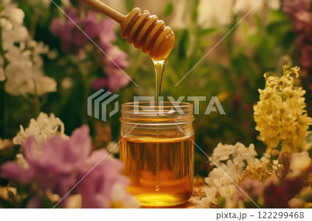 Fresh Honey Pouring into Clear Jar 122299468