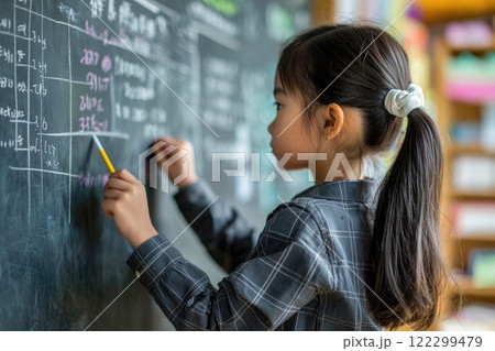 Primary School Girl Learning and Writing on Blackboard 122299479