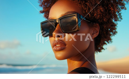 Vibrant beach day with fashionable lady in shades 122299511