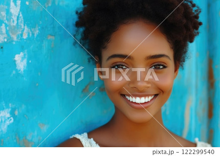 Joyful Brown-Skinned Woman Smiling Brightly 122299540
