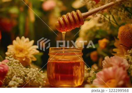 Wooden honey dripper releasing golden nectar into jar Wooden honey dripper releasing golden nectar into jar 122299568