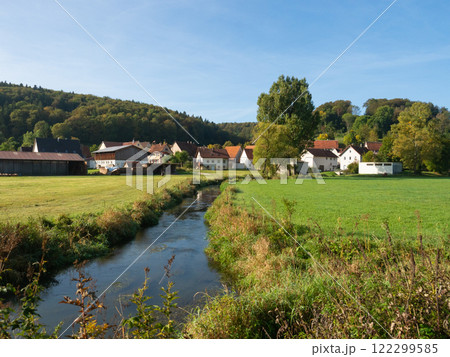 Schwaebische Alb, Germany - October 2nd 2023: Idyllic valley of the Lauter river with villages and fields 122299585