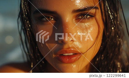 Brazilian Brunette Enjoying Skincare by the Beach Brazilian Brunette Enjoying Skincare by the Beach 122299641