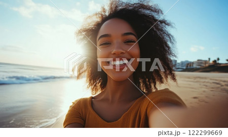 Beautiful Beachfront Selfie of Black Woman 122299669