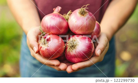 Female Farmer Holding Fresh Onions Harvest 122299730