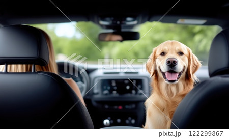 Joyful Golden Retriever Sitting in Passenger Seat of Car 122299867