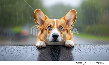 Happy Corgi Snuggled in Car on Rainy Afternoon 122299872