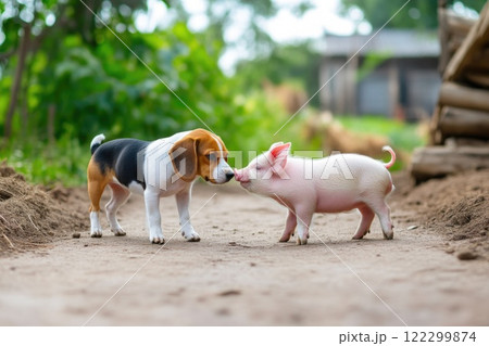 Farmyard friendship between a curious beagle and a piglet 122299874
