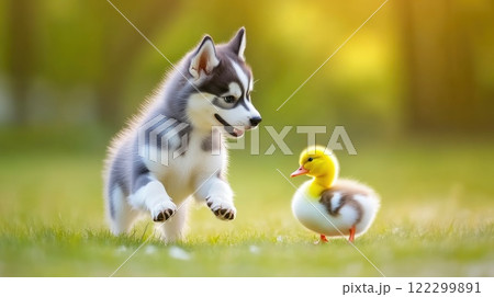 Siberian Husky Joyfully Jumping with Little Duckling 122299891