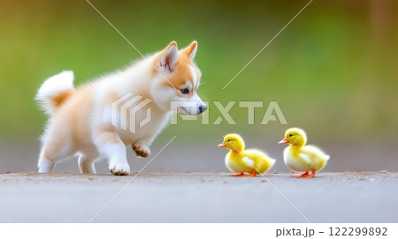 Playful Siberian Husky and Duckling Bonding in Farmyard Playful Siberian Husky and Duckling Bonding in Farmyard 122299892