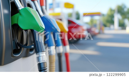 Vibrant Gas Station Pumps with Glossy Reflections 122299905