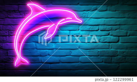 Vibrant neon dolphin silhouette on brick wall, retro ocean-themed light design Vibrant neon dolphin silhouette on brick wall, retro ocean-themed light design 122299961