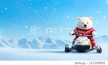 Polar Bear in Christmas Sweater on Snowmobile Polar Bear in Christmas Sweater on Snowmobile 122299992