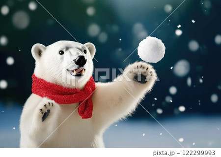 Polar Bear Joyfully Tossing a Snowball in Winter Polar Bear Joyfully Tossing a Snowball in Winter 122299993